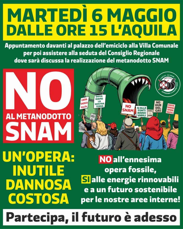 NO SNAM: “IL 6 MAGGIO CHIAMATA AL CONSIGLIO REGIONALE”, COMITATI ALL’AQUILA | Notizie di cronaca